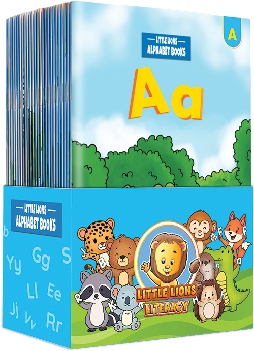 A display box of Little Lions Alphabet Books features a book with a large yellow Aa on the cover, playful cartoon animals, and trees. Perfect for Children's Books collections, the box showcases the series title and cute Little Lions characters.