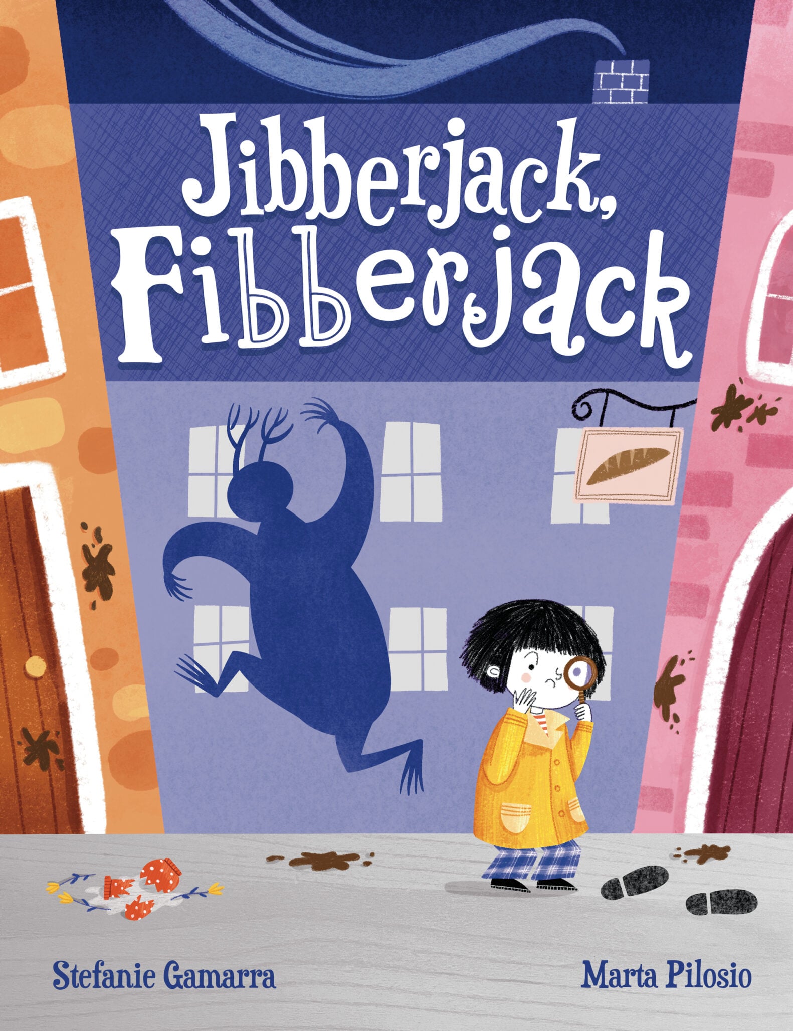 Illustrated book cover titled Jibberjack, Fibberjack shows a frightened child in pajamas holding a flashlight, while the mischievous blue shadowy Jibberjack looms behind, with spilled candy scattered on the ground. Authors: Stefanie Gamarra, Marta Pilosio.