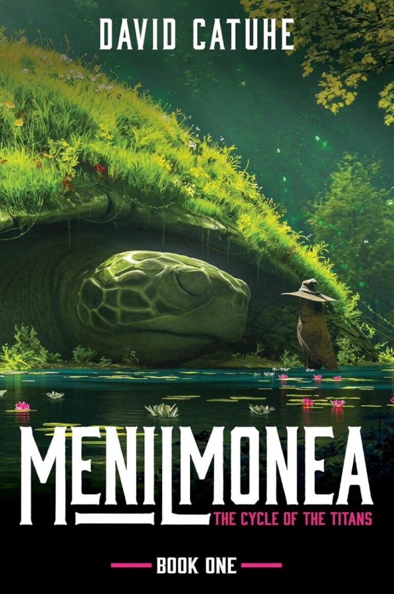 A woman in a wide-brimmed hat stands by a pond with lily pads, facing a giant, moss-covered turtle partially submerged under lush, green foliage. The book cover reads: Menilmonea: The Cycle of the Titans, Book One by David Catuhe.