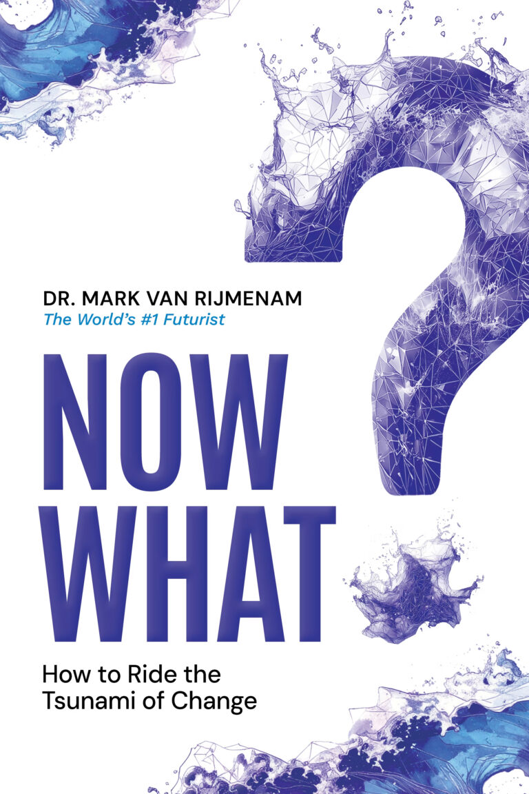 Book cover featuring a large blue and purple question mark formed by abstract, watery, digital particles. Title: NOW WHAT in bold blue letters. Author: Dr. Mark van Rijmenam. Subtitle: How to Ride the Tsunami of Change.