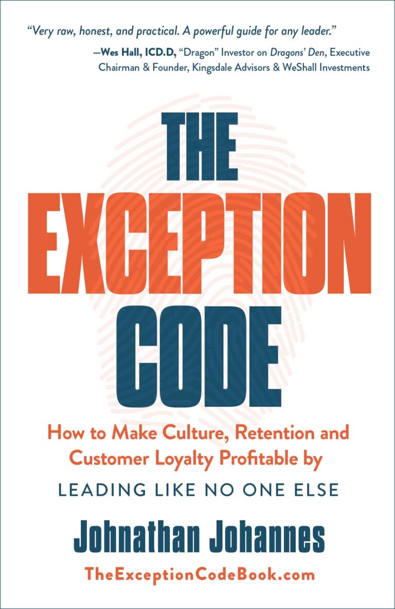 Book cover of The Exception Code by Johnathan Johannes. Subtitle: How to Make Culture, Retention and Customer Loyalty Profitable by Leading Like No One Else. Bold orange and blue text with a fingerprint graphic reflects the unique Exception Code theme.
