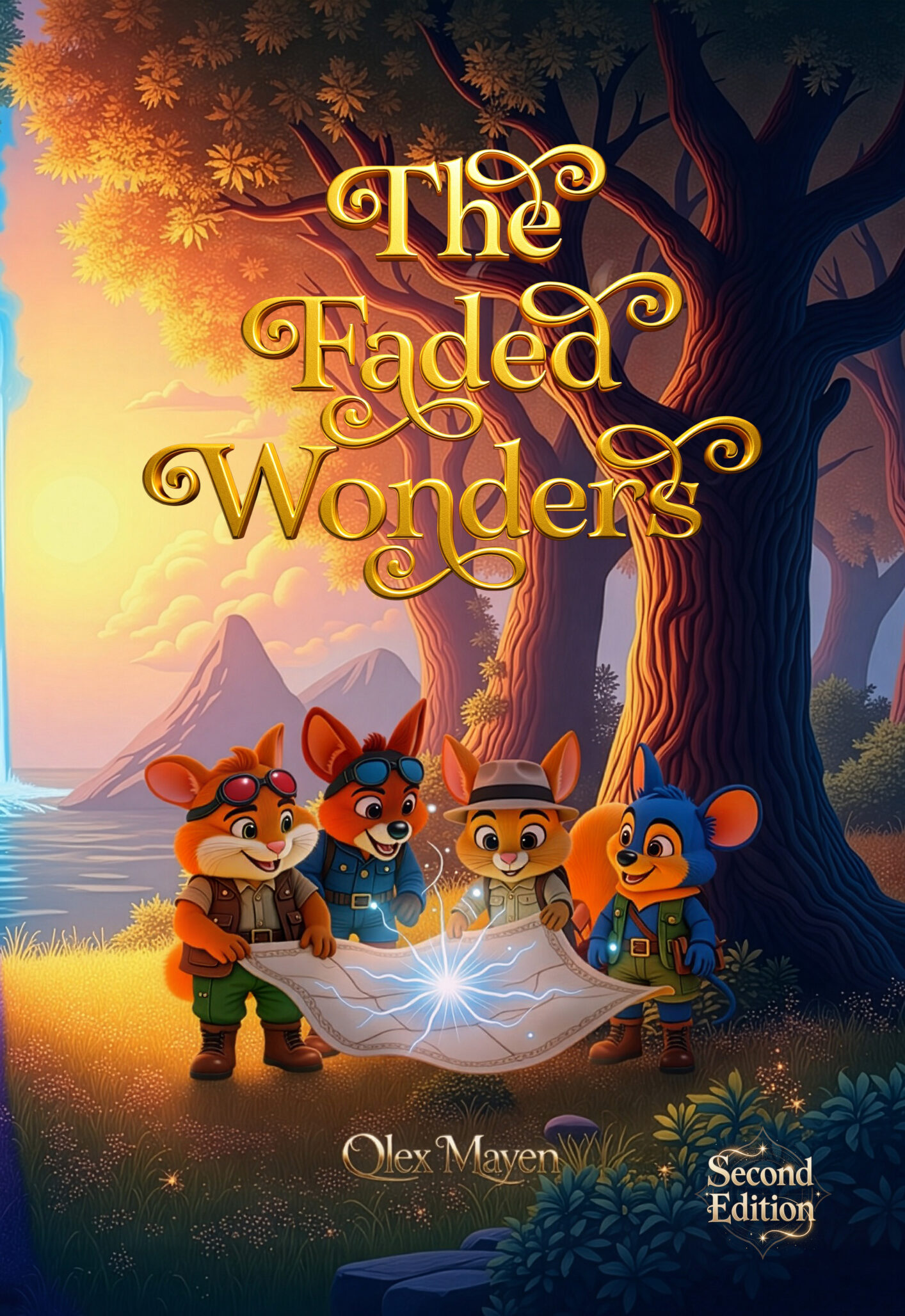 Four cheerful, anthropomorphic animal characters stand together in a glowing forest, examining a magical floating map. Amidst golden trees and a distant mountain, the book title Faded Wonders shines above them.