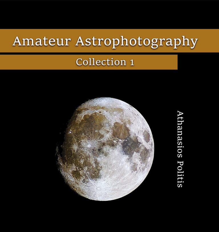 Cover of a book titled Amateur Astrophotography Collection 1 by Athanasios Politis, featuring a detailed astrophotography image of the moon set against a deep black background.