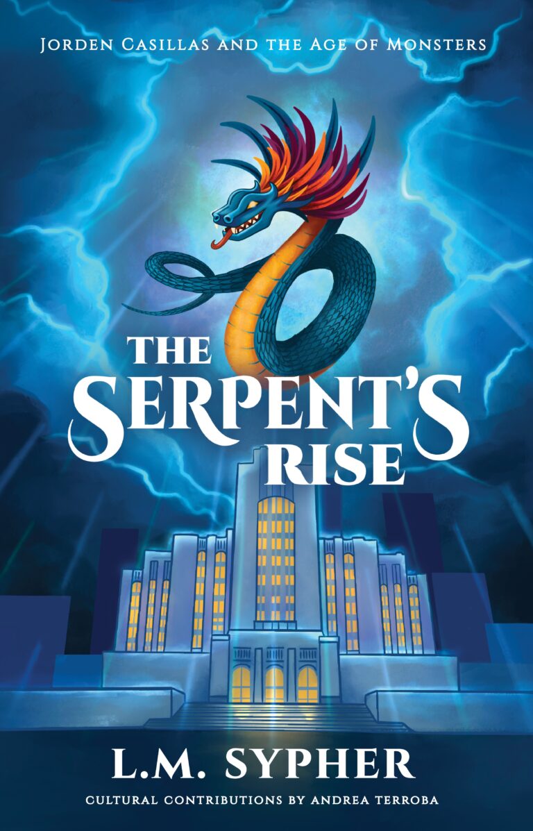 Book cover for The Serpent&rsquo;s Rise by L.M. Sypher, set in the Age of Monsters, shows a large, colorful serpent with an open mouth coiled above an illuminated art-deco building, surrounded by blue lightning and clouds.