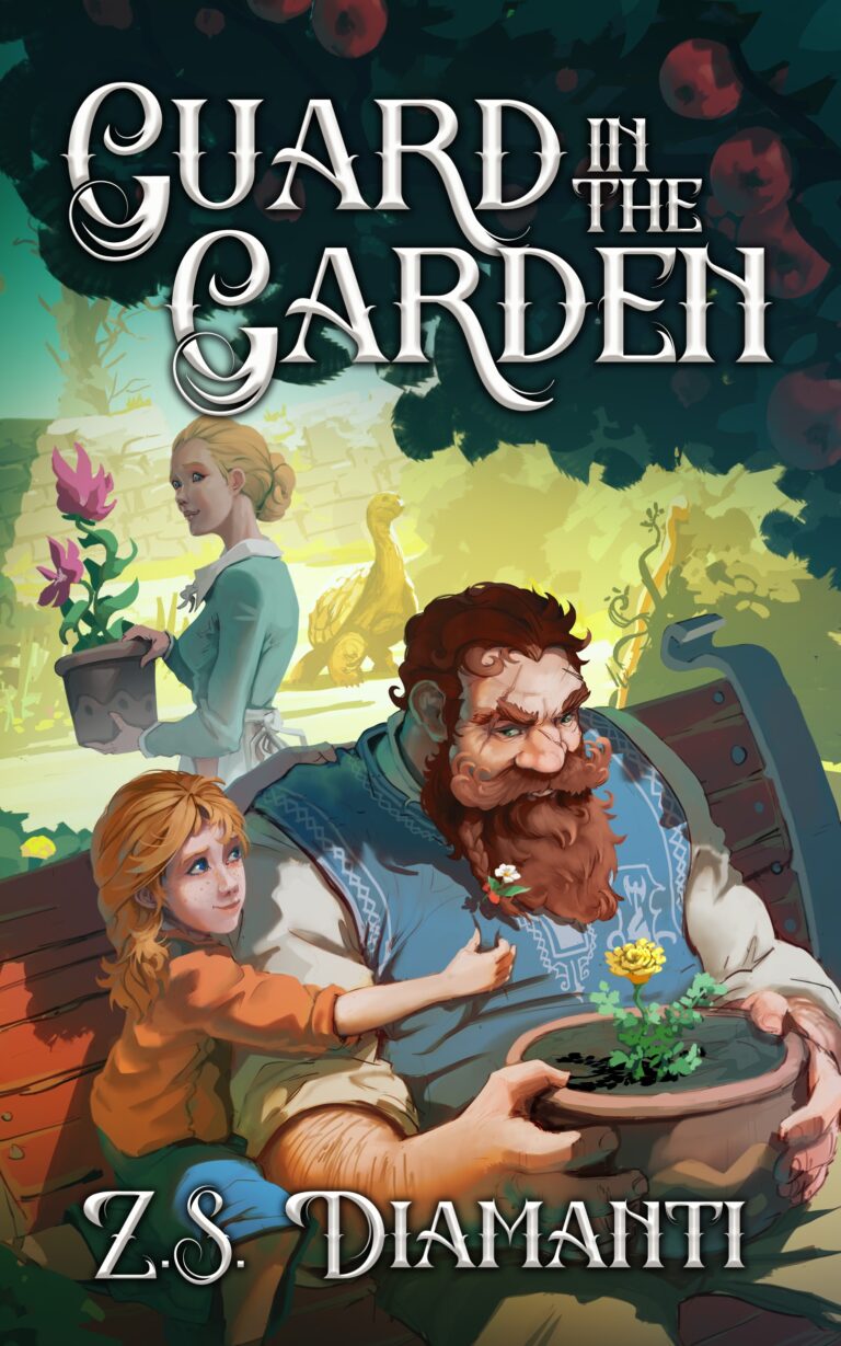 A girl offers a flower to a bearded man sitting on a bench, while a woman tends plants in the background. The colorful, whimsical scene sets the tone for Guard in the Garden by Z.S. Diamanti, displayed prominently on the cover.