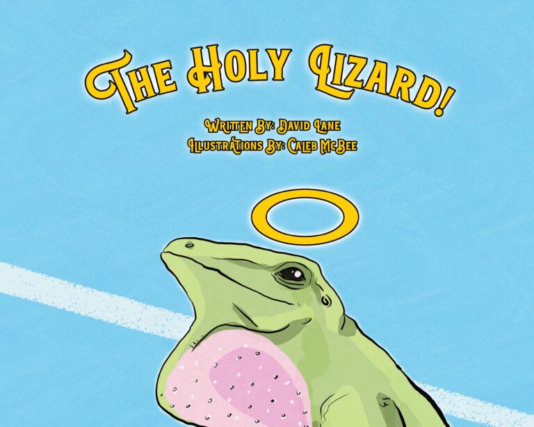 Illustration of a green frog with a pink throat sac and a glowing yellow halo above its head. Set against a blue background, the title "The Holy Lizard!" is written above in stylized yellow letters, capturing the whimsical spirit of this Holy Lizard.