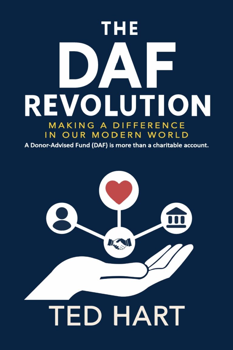 Book cover for The DAF Revolution by Ted Hart. A hand holds icons for a person, a handshake with a heart, and a bank building&mdash;symbols of the DAF Revolution. Subtitle: Making a Difference in Our Modern World.