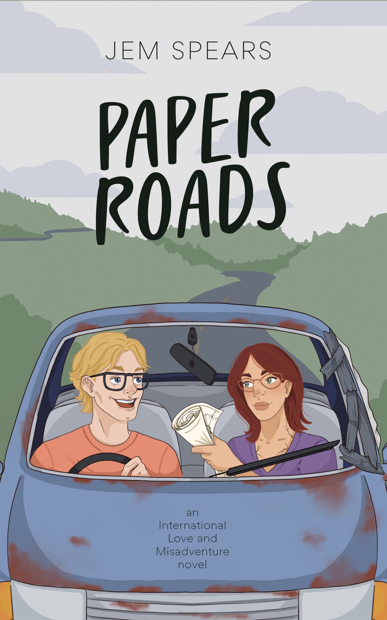 Illustrated book cover for Paper Roads by Jem Spears, showing two people in a blue car. The man drives, smiling, while the woman beside him holds a map. A winding road and green hills are visible in the background.