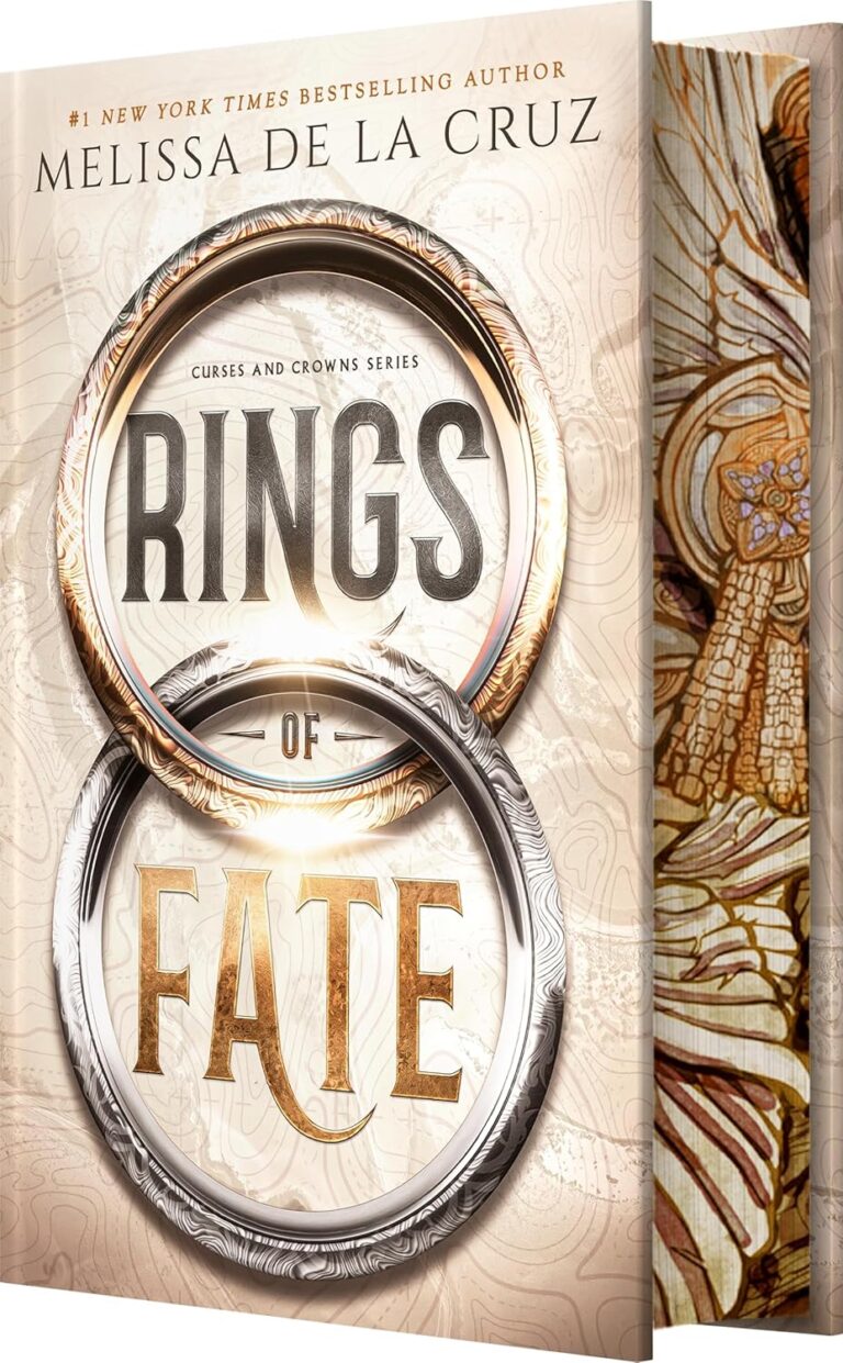 Book cover of Rings of Fate by Melissa de la Cruz, a true game changer—two ornate rings intertwined around the title, set against a textured, map-like background with part of an illustrated figure visible on the right side.