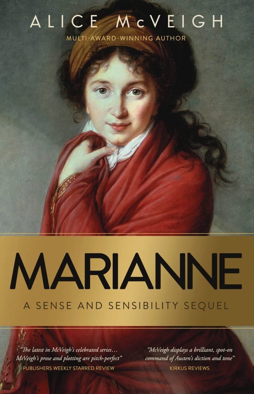 Book cover for Marianne: A Sense and Sensibility Sequel by IR Approved Author Alice McVeigh. Features a classical painting of a young woman in a red shawl, highlighting her journey of connecting with other people, with review quotes above the title.