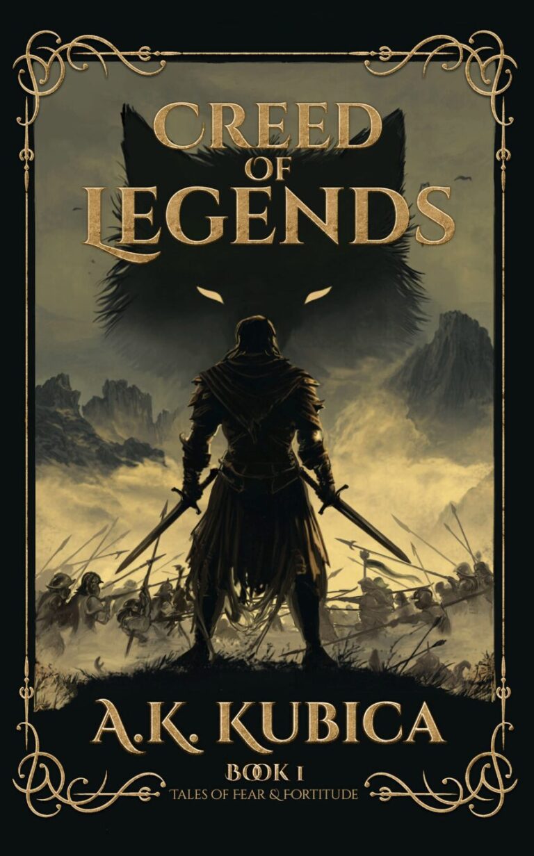 A lone figure with a sword stands before an epic battle scene, framed by mountains and a giant wolf’s shadowy face with glowing eyes. Text reads: Creed of Legends, A.K. Kubica – IR Approved Author. Join the journey—Book I, Tales of Fear & Fortitude.