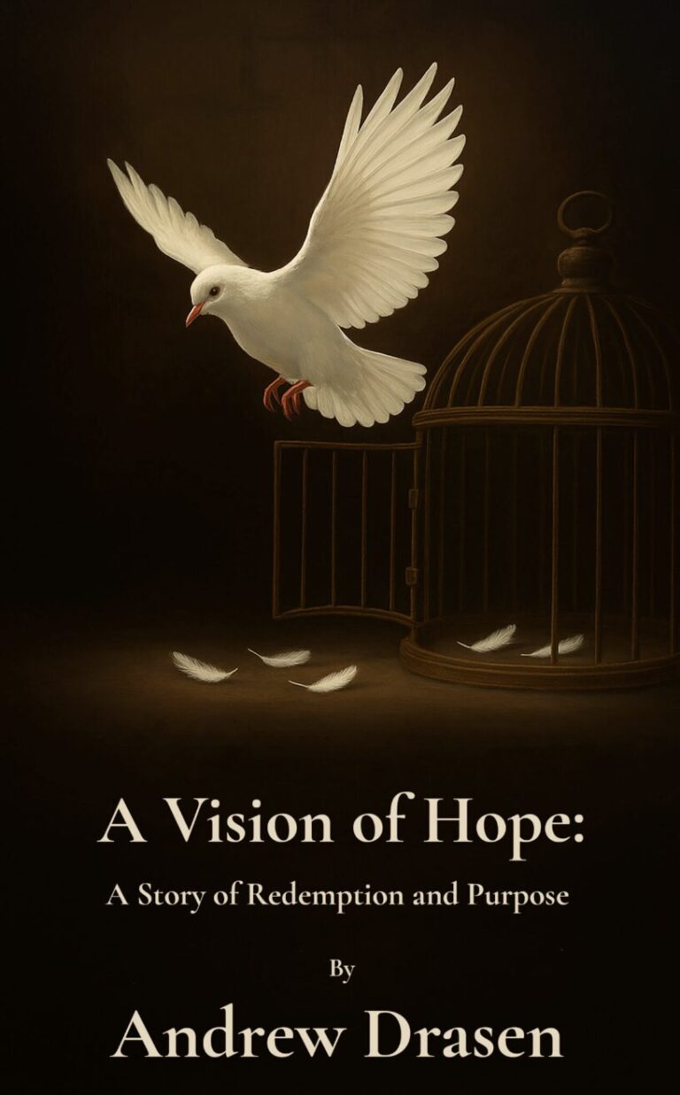A white dove flies upward from an open birdcage, leaving feathers behind. The image features the book title A Vision of Hope: A Story of Redemption and Purpose by Andrew Drasen—a perfect read for those with a true love of reading.