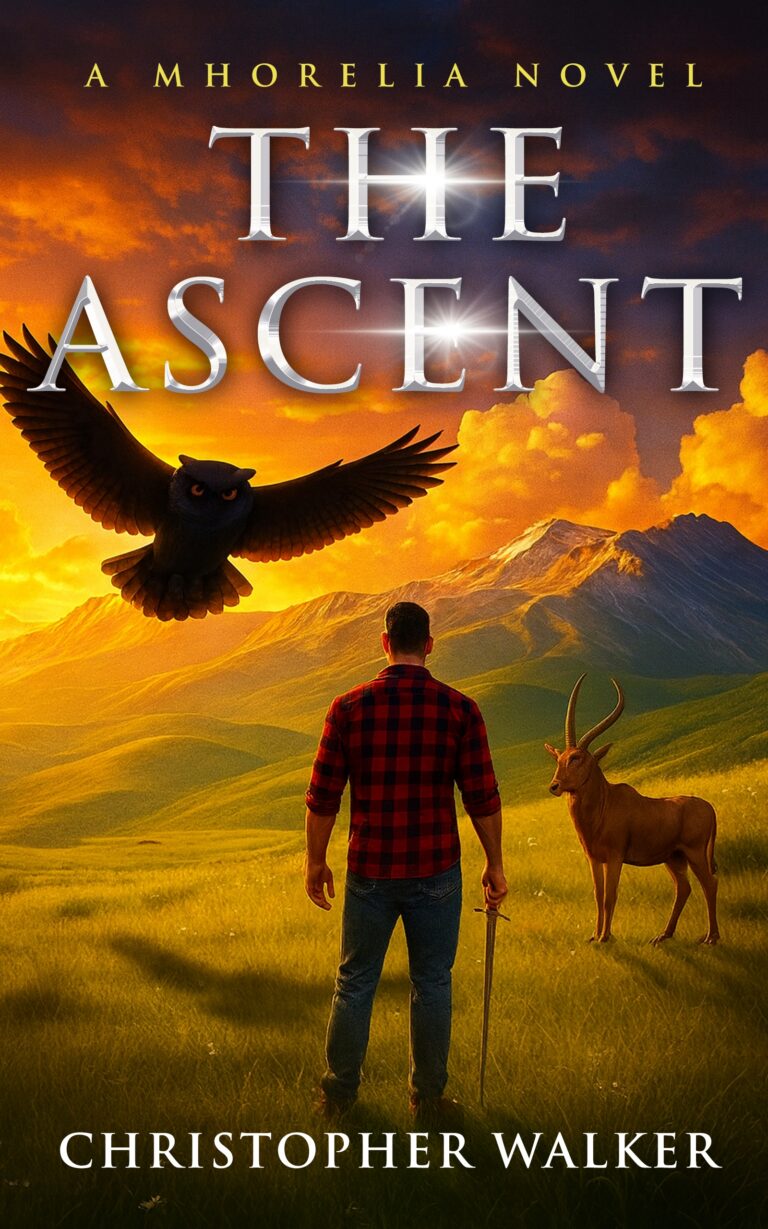 A man in a plaid shirt stands on a grassy hillside at sunset, facing a large owl in flight and an antelope. Mountains rise in the background under a dramatic sky. Text reads, &ldquo;THE ASCENT, A Mhorelia Novel, Christopher Walker.&rdquo;.