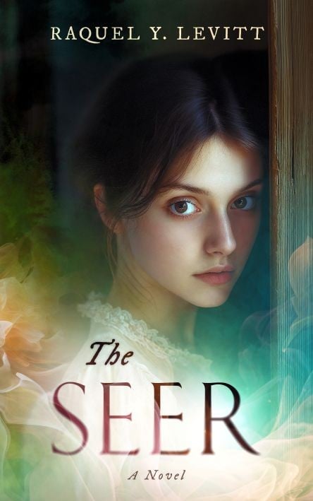 A book cover for The Seer: A Novel by Raquel Y. Levitt features a young woman with wide, expressive eyes, looking out from a softly lit, dreamy background with swirling colors and floral elements.