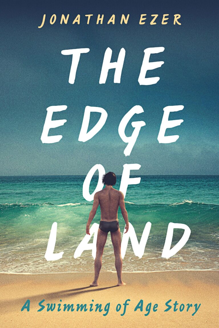A person in swim trunks stands at the edge of land on a sandy beach, facing the ocean beneath a cloudy sky. Large white text reads Edge of Land, with smaller text above and below showing author and subtitle.