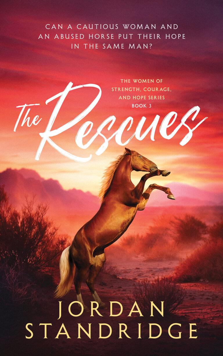 A horse rears up on its hind legs against a dramatic sunset sky with red and orange clouds. The book title The Rescues and author Jordan Standridge are prominently displayed.