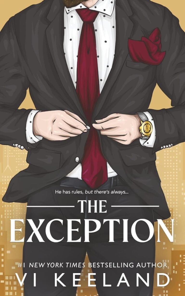 Illustration of a man in a black suit, red tie, white shirt, and gold watch adjusting his jacket. The book cover reads: The Exception by Vi Keeland, with the tagline, A Chaotic Dark Romance—he has rules, but there's always...