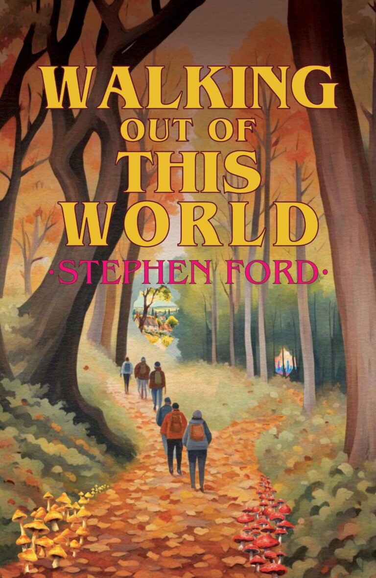 Book cover for &ldquo;Walking Out of this World&rdquo; by Stephen Ford, featuring people strolling a leaf-strewn path through a vibrant autumn forest with mushrooms in the foreground.