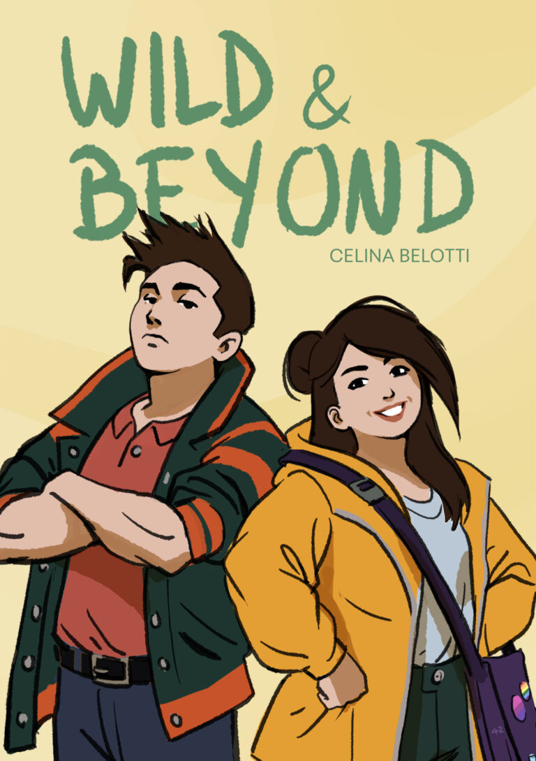 Illustrated cover of Wild and Beyond by Celina Belotti, featuring a confident boy with crossed arms in a green jacket and a smiling girl in a yellow coat, both standing against a pale yellow background.