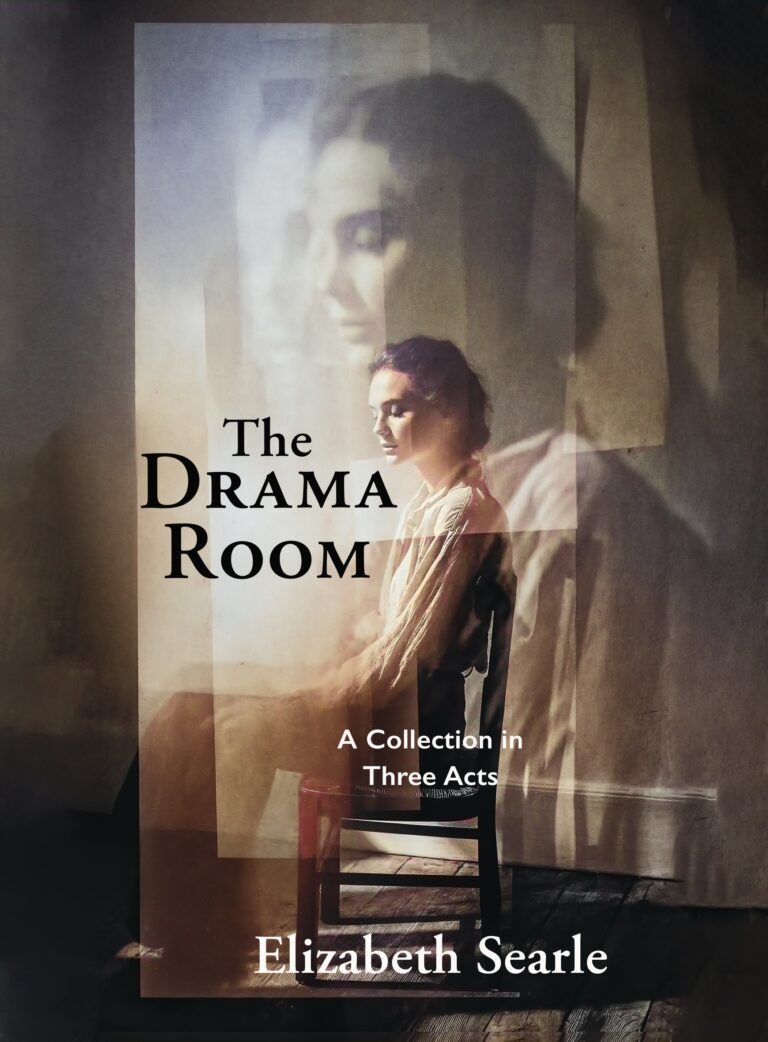 Book cover for The Drama Room by Elizabeth Searle, featuring a woman sitting on a chair with her reflection or shadow behind her, and soft, muted lighting that enhances the contemplative Drama Room atmosphere.