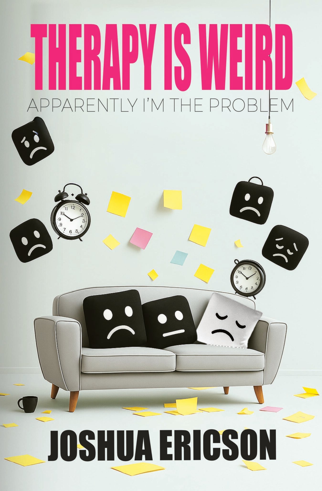 Book cover for Therapy Is Weird: Apparently I’m the Problem by Joshua Ericson. A therapy couch with sad face pillows is surrounded by scattered clocks and sticky notes on a pale green background, capturing the book’s weird vibe.